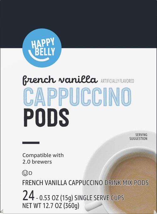 Happy Belly Cappuccino Coffee Pods - Light Roast French Vanilla Flavor | 24 Count, 12.7 Ounce Compatible with 2.0 K-Cup Brewers