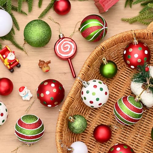 94Pcs Christmas Ornament Set - Red & Green Holiday Tree Decorations with Faux Fur Ribbon
