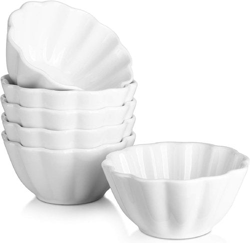 DOWAN Ramekins - 4 oz Flower-Shaped Porcelain Baking Cups | Set of 6 Oven Safe White Custard Bowls