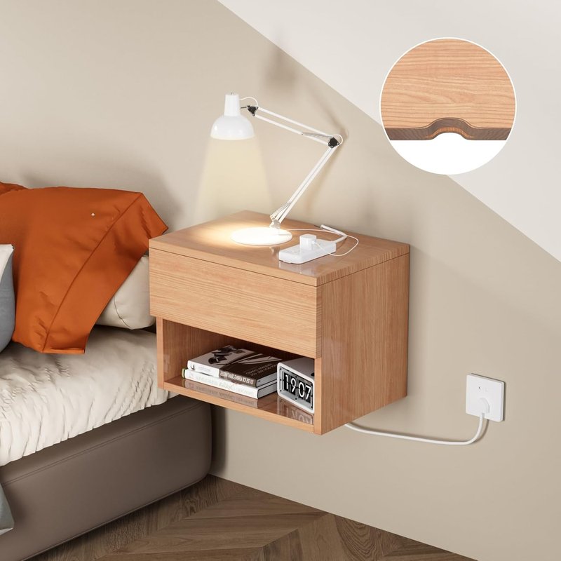 Floating Nightstand, Modern Wall Mounted Bedside Table with Drawer, Wood Bedside Shelf & Desk, End Table Wood Modern Night Stand for Bedroom (Beech QD1, Set of 1)