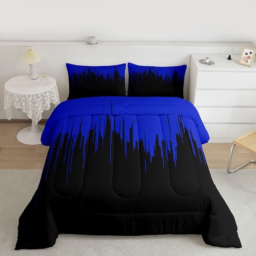 Feelyou Kids Blue Black Comforter Set Full Size Ombre Stripes Bedding Set Set for Boys Teens Decor Abstract Art Comforter Modern Design Duvet Set Bedroom Geometric Quilt Set 3Pcs