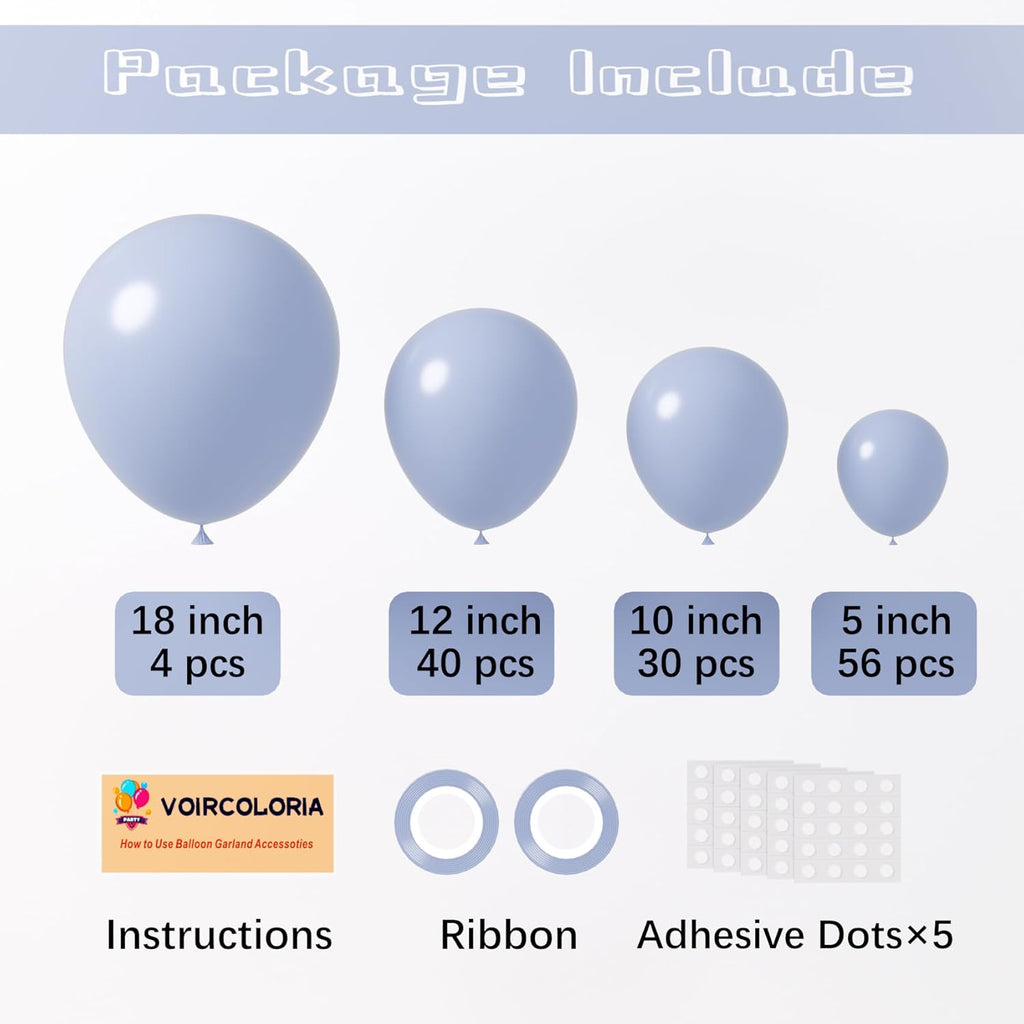 Voircoloria Dusty Blue Balloons - 130pcs in Various Sizes for Baby Showers, Weddings & Parties