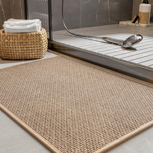 PADOOR Non-Slip Braided Bath Mat, Absorbent Thin Rug 17x24 Beige