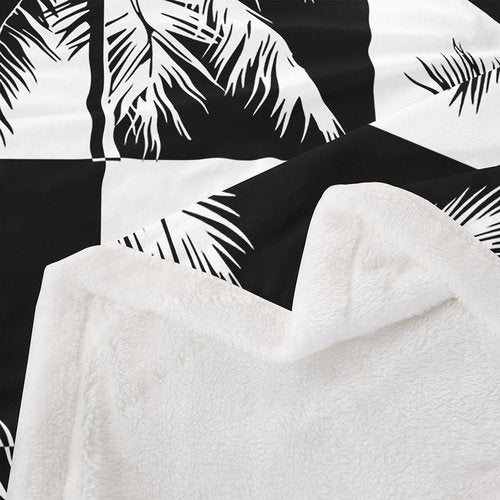 Feelyou Palm Tree Print Sherpa Blanket Tropical Palm Leaf Throw Blanket for Couch Bed Sofa Black White Geometric Square Decor Fleece Blanket Hawaiian Nature Theme Fuzzy Blanket Queen 90"x90"
