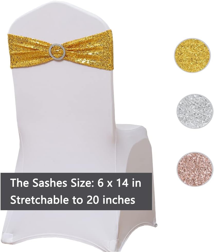 Skiennix Spandex Sequins Chair Sashes - Gold Chair Bands with Buckles for Weddings & Parties | Pack of 50