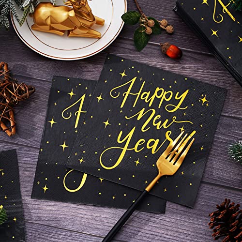 Whaline Black Gold Happy New Year Paper Napkins, 80 Pcs - Disposable Dinner Napkins