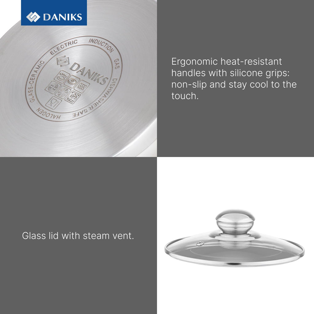Daniks Classic 6-Piece Stainless Steel Cookware Set with Glass Lids, Tri-Ply Bases for Even Heating, Induction Compatible, Dishwasher Safe