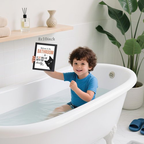 LLEEMPI Cat Quote Bathroom Wall Art - "Welcome to the Bathroom" Canvas Print | Cute Black & White Decor, 8x10 Inch