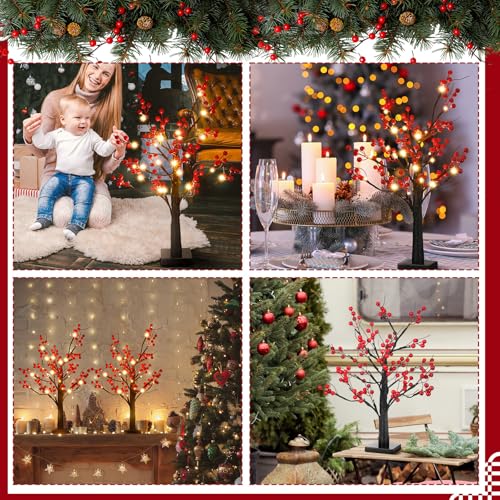 Two-Piece Lighted Christmas Red Berry Tree Decor, 23.6in