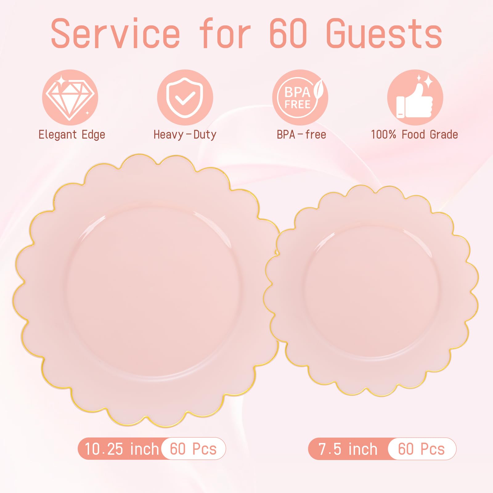 LIYH 120 Pcs Pink Plastic Plates Disposable Set Includes 60 Dinner Plate 10.25" & 60 Dessert Plate 7.5" with Elegant Gold Rim for Party Birthday Baby Shower Easter