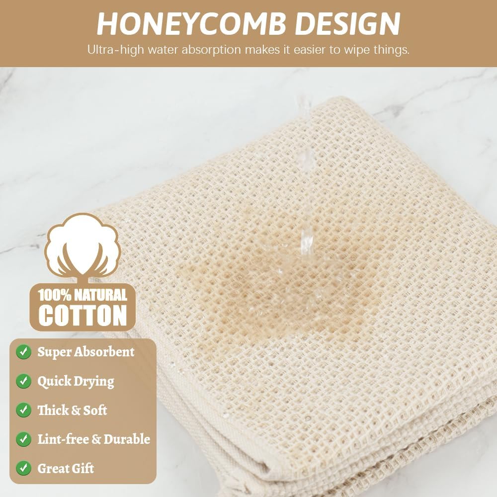 Nialnant Kitchen Towels - 100% Cotton Waffle Weave, Extra Soft & Absorbent - 6 Pack, Beige, 13 x 28 Inch