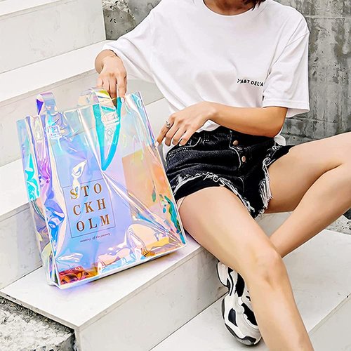 umbresen Clear Tote Bag, 2-Pack Holographic Rainbow Iridescent Handbag for Sports Fan Games, Work, Security Travel, Stadium Venues or Concert