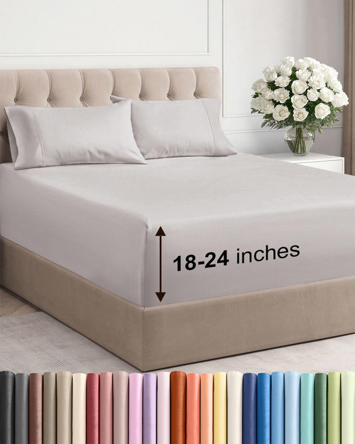 Skiennix Extra Deep Twin Sheet Set | 4-Piece Breathable Cooling Bedding - Soft, Wrinkle-Free Light Grey
