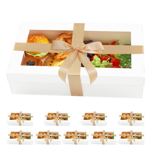 BAKIPACK 10 White Catering Boxes, 17x10x4 inches Bakery Boxes with Window, To Go Paper Food Containers Disposable for Charcuterie, Sandwiches