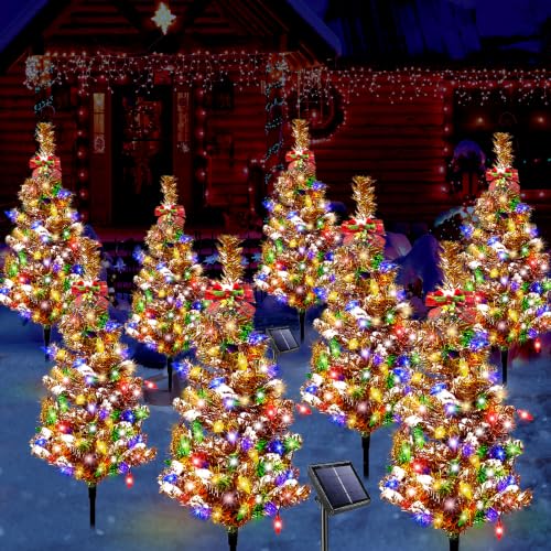 LSHXINXX 8 Pack Outdoor Solar Christmas Tree Lights with Bows, 160 LED Multi-Color Modes