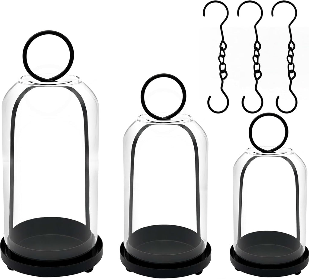 Skiennix Metal Candle Holders Set - 3 Pack with Glass Domes | Versatile Black Candlestick Holders (5.5", 4.7", 3.9")