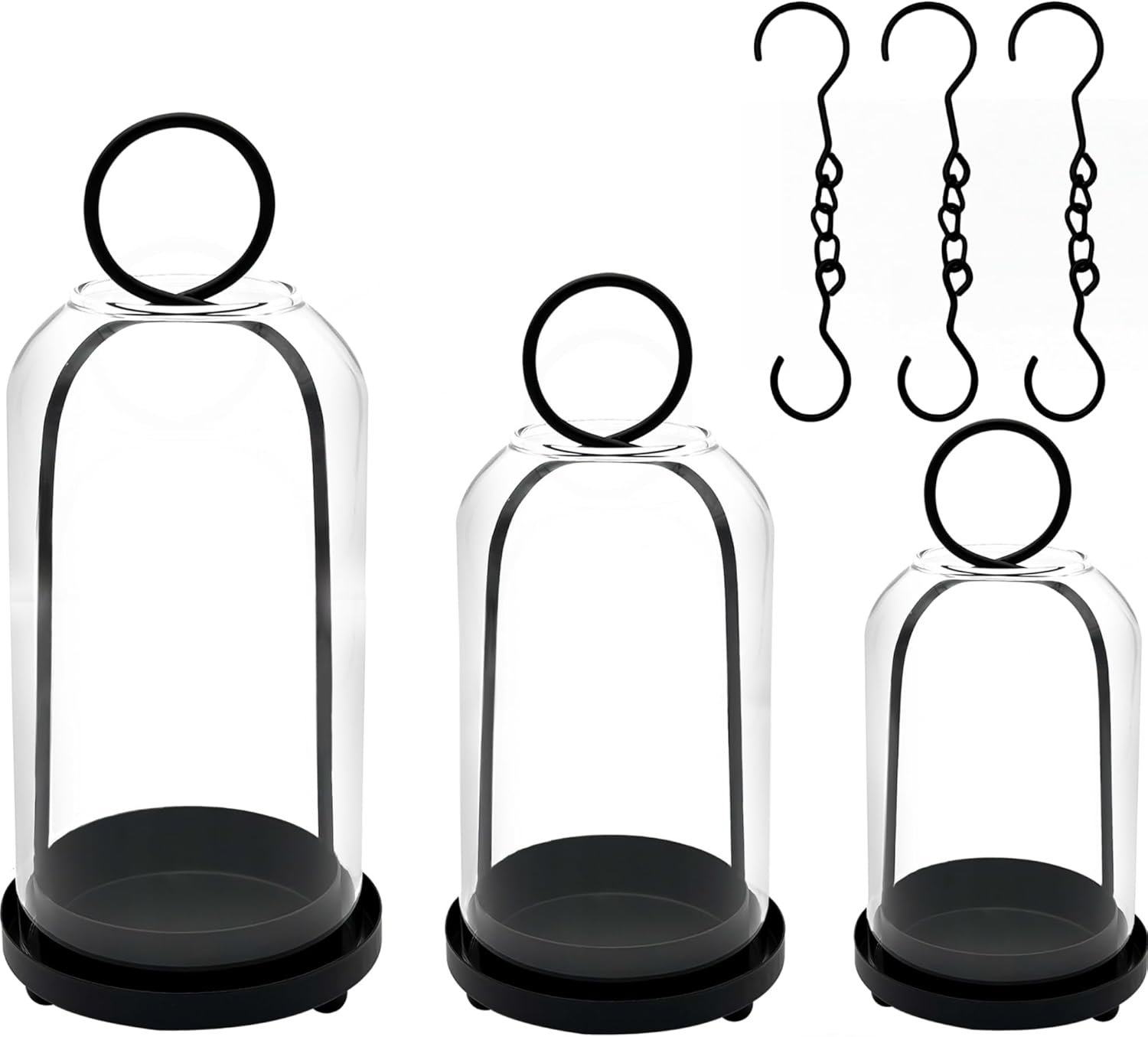 Skiennix Metal Candle Holders Set - 3 Pack with Glass Domes | Versatile Black Candlestick Holders (5.5", 4.7", 3.9")