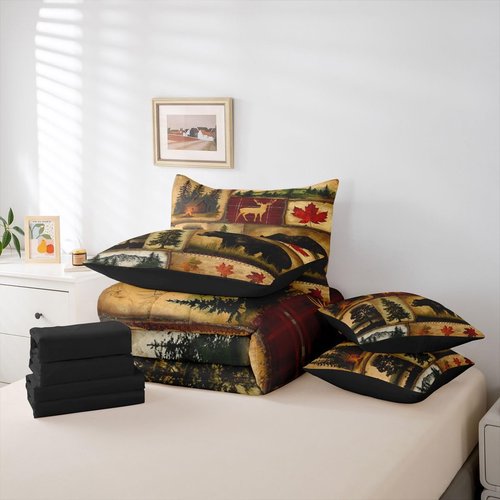 Erosebridal Rustic Farmhouse Comforter Set 7 Pcs Twin,Retro Cabin Lodge Down Comforter,Hunting Bear Deer Bed in a Bag,Country Maple Leaves Duvet Insert,Rustic Woodland Pine Tree Sheets,Red Brown