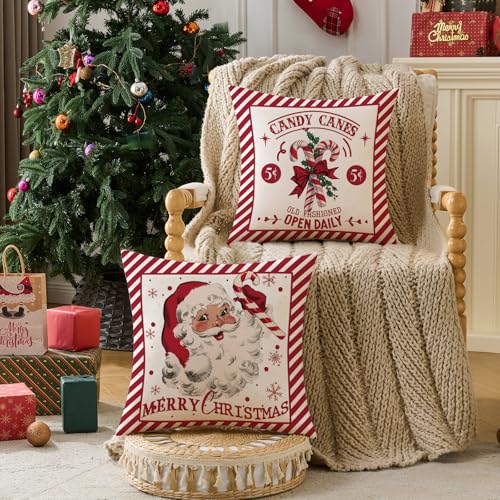 Christmas Throw Pillow Covers 20x20 Set of 2, Santa Claus & Candy Cane - Red Outdoor Indoor