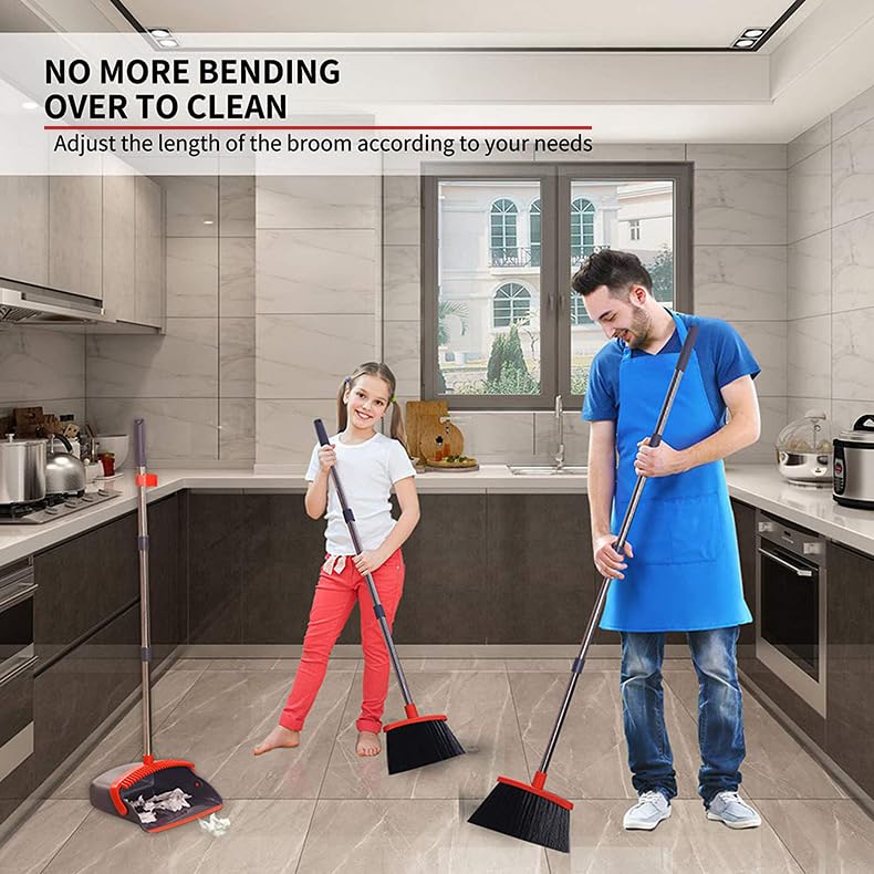 Broom and Dustpan Set (2-Pack) with 52" Adjustable Handle & Self-Cleaning Teeth