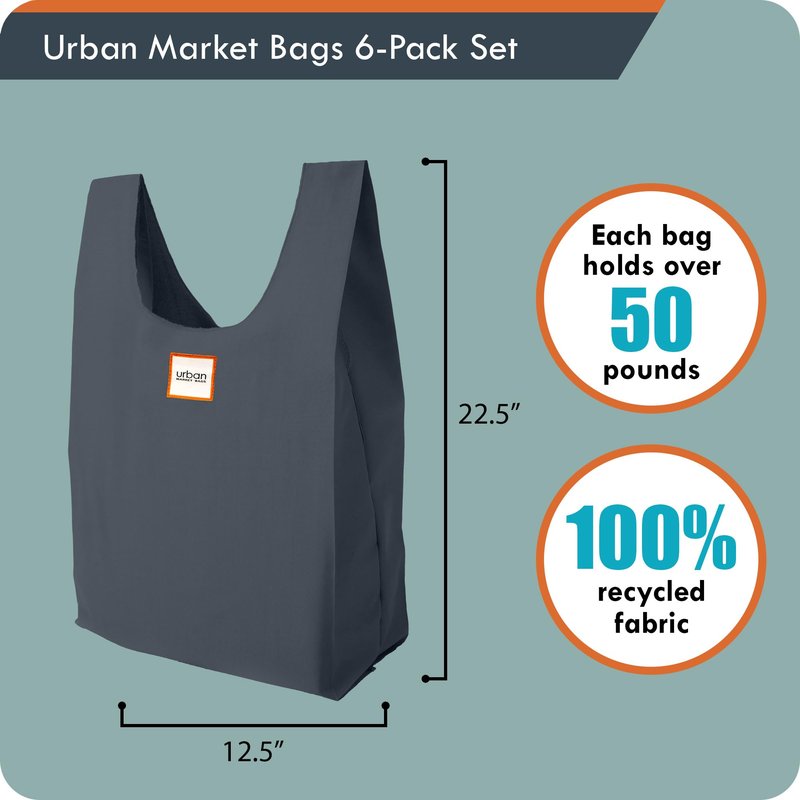 Urban Market Bags - Galaxy -6 Foldable Reusable Shopping Bags in 1 Compact Pouch, Luxury Quality, Recycled Fabric, Holds 50+ lbs, Machine Washable, Pouch Fits in Cupholder, Designed in California