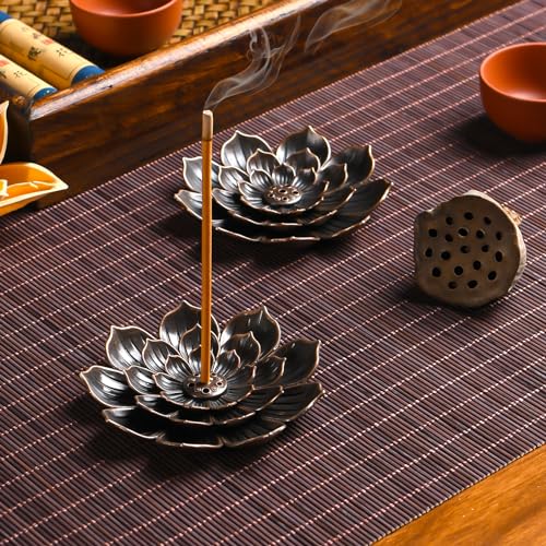 Lotus Incense Stick Holder - Zinc Alloy Burner with Ash Catcher, 2 Pack
