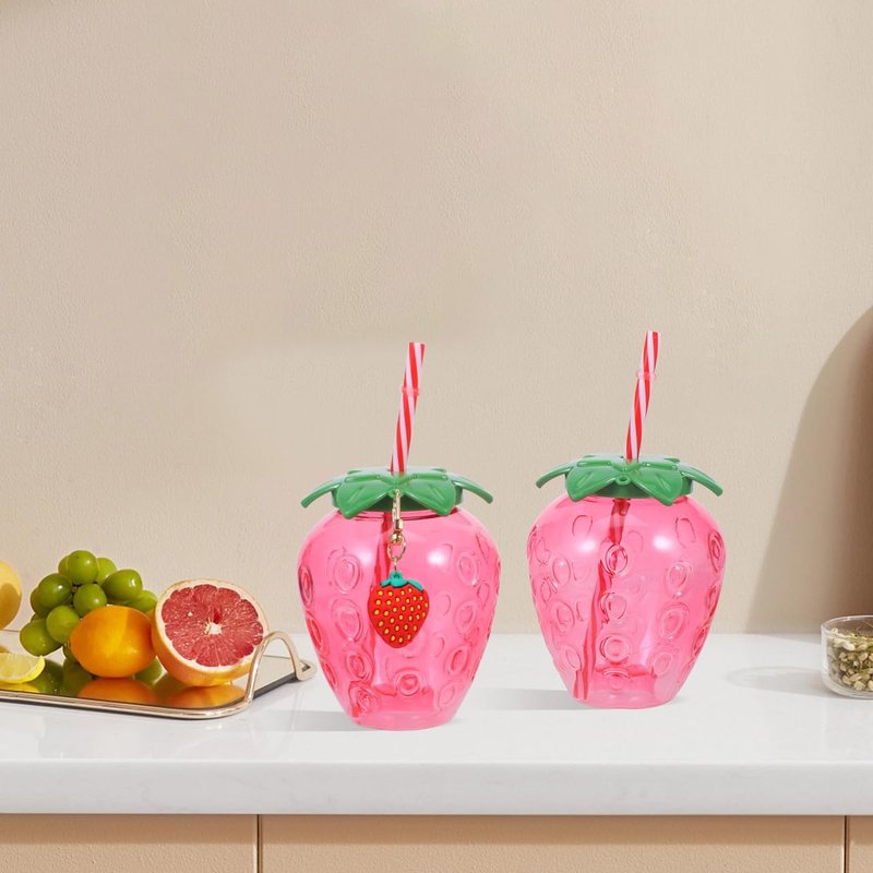 DOITOOL Strawberry Shaped Cups with Lids and Straws 16 Pcs Plastic Strawberry Drinking Tumblers for Girls Portable Milk Tea Cups for Parties and Everyday Use