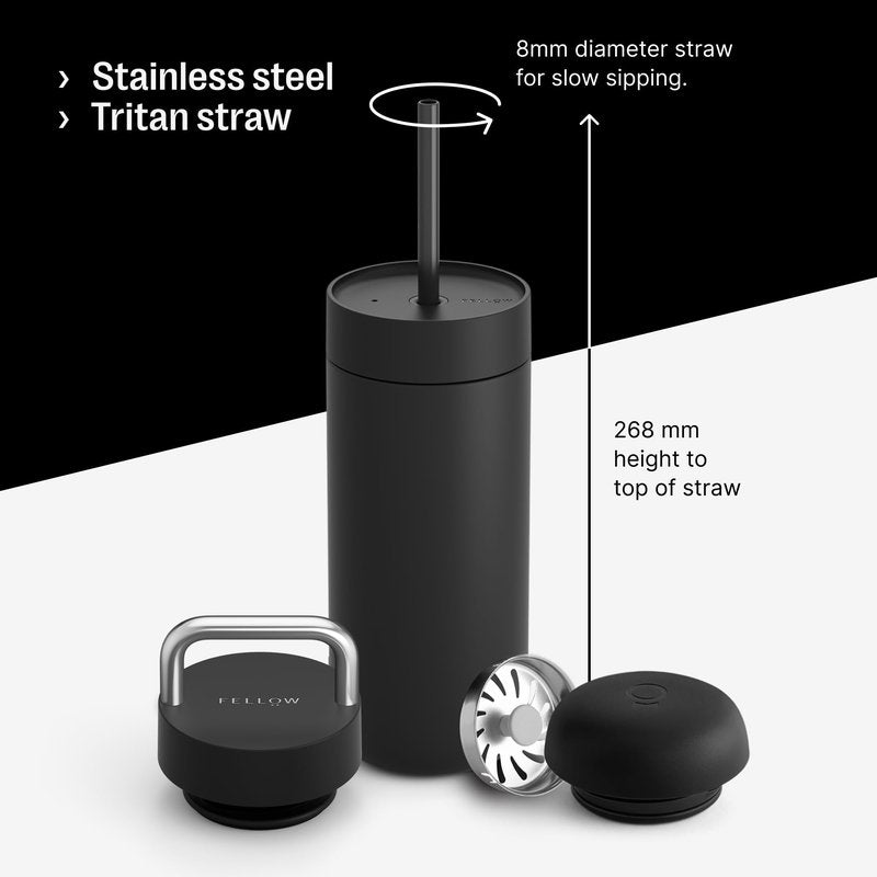 Fellow Carter 16 oz Travel Mug, 3 Lids Included - Ceramic Lined Insulated Coffee Tumbler with Straw, Leakproof, Dishwasher Safe, Vacuum Insulated Stainless Steel, Keeps Hot 12H Cold 24H - Stone Blue