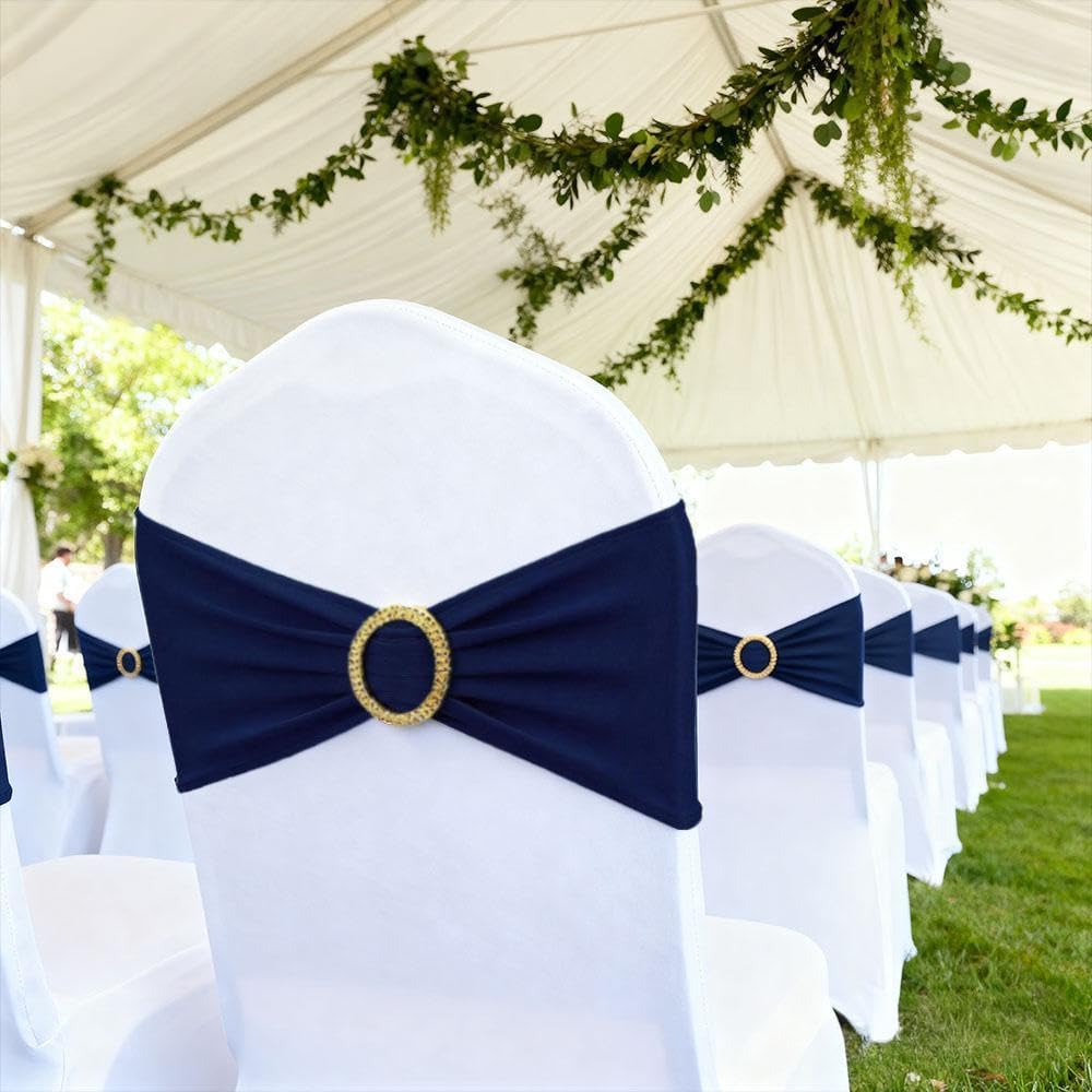 Skiennix 50 Pack Navy Blue Chair Sashes - Spandex Bands with Gold Buckle Slider for Events & Décor