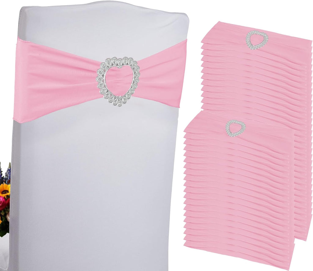 Skiennix Spandex Stretch Chair Sashes - 100PCS Universal Elastic Covers with Buckle Slider | Pink
