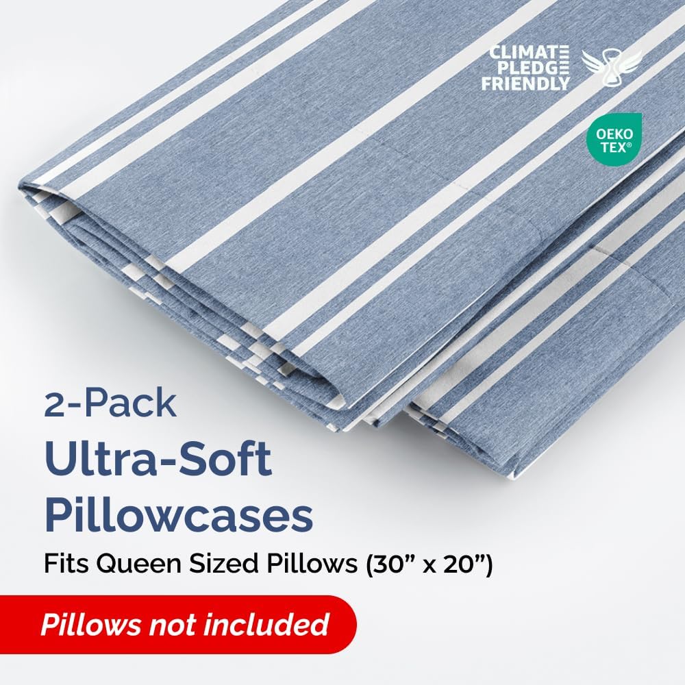 Skiennix Queen Pillow Cases Set of 2 | Ultra Soft Hotel Quality, Wrinkle-Free & Fade Resistant - Blue Stripes