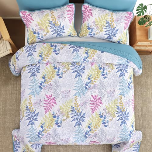 Blue Botanical Leaf Quilt Set King Size, 3-Piece Lightweight Microfiber Coverlet