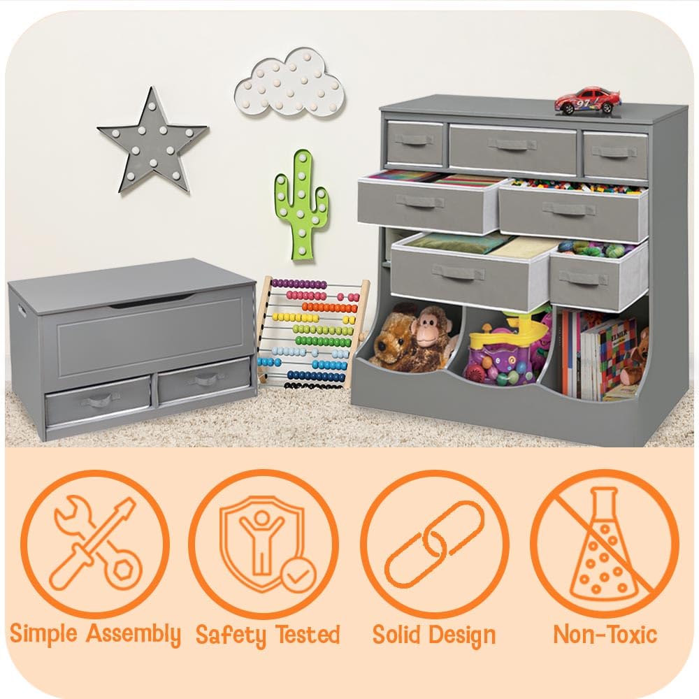 Badger Basket Toy Box and Storage Bench - Chest and Seat Combo with 2 Reversible Baskets, Safety Hinge Lid - Kids Toy Organizer for Playroom or Bedroom - Gray