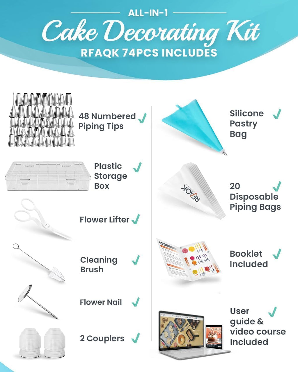 RFAQK Icing Piping Bags and Tips Set - 74-Piece Cake Decorating Kit with 48 Numbered Tips & E-Book
