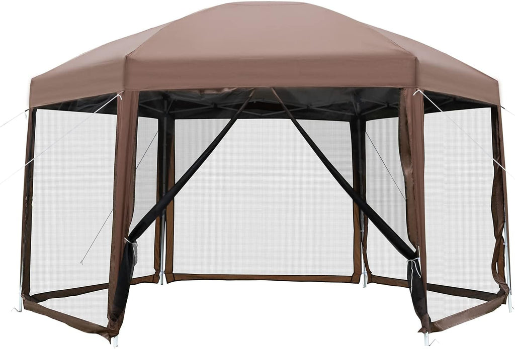 PayLessHere 13x13ft Hexagonal Gazebo - Waterproof Pop-Up Tent with Mosquito Netting & Carry Bag - Brown