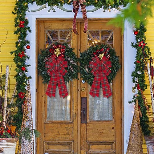 Threetols Red Buffalo Plaid Christmas Wreath Bow, Large Burlap Door Topper for Front Door