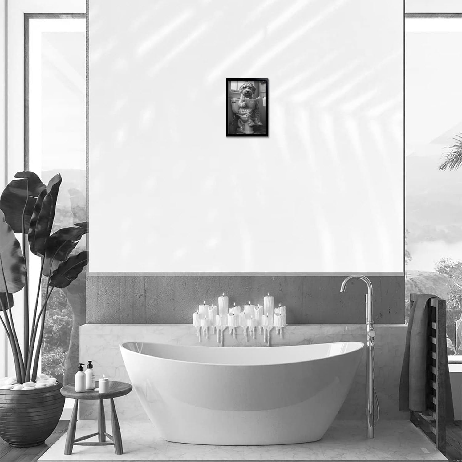 OIQArt Funny Bathroom Wall Art - Black and White Teddy Dog Canvas Print | Humorous Decor for Restroom