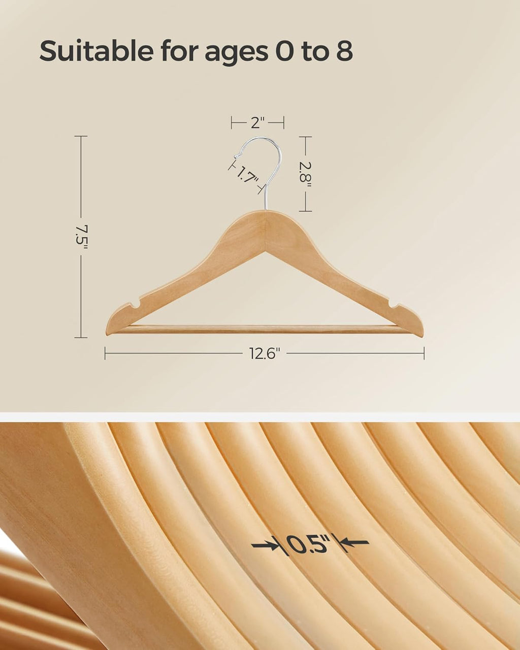 SONGMICS Kids Wooden Hangers - Solid Wood Baby Coat Hangers with Pants Bar & Swivel Hooks | 20 Pack, Natural