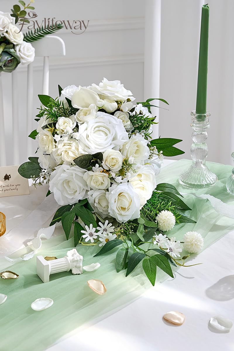 Faylifeway Wedding Bouquets for Bride, White Cascading Bridal Bouquet Artificial Flowers，9.8 Inch Bride Bouquets for Wedding Decoration, Boho Ceremony,Church, Anniversary Decor