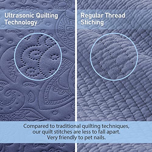 Oversized King Bedspread Set - Navy Blue Paisley Quilt & Shams
