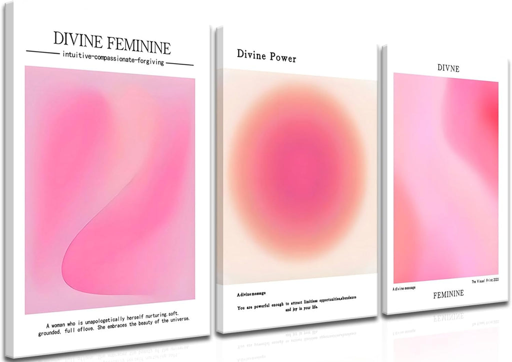 Trendy Aesthetic Canvas Wall Art - Set of 3 Pink Gradient Aura Angel Prints | Framed 12x16 Inch Decor for Bedroom & Living Room