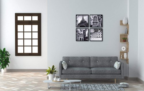 Wieco Art Framed Wall Art Architectures Modern 4 Panels Giclee Canvas Prints Europe Buildings Black and White Landscape Canvas Wall Art Black Picture Frames for Home Office Decorations