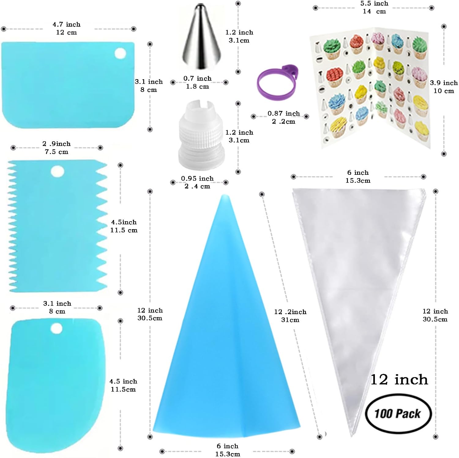 Skiennix 100PCS Piping Bags and Tips Set - 12 Inch Disposable Pastry Bags for Cake Decorating & Frosting