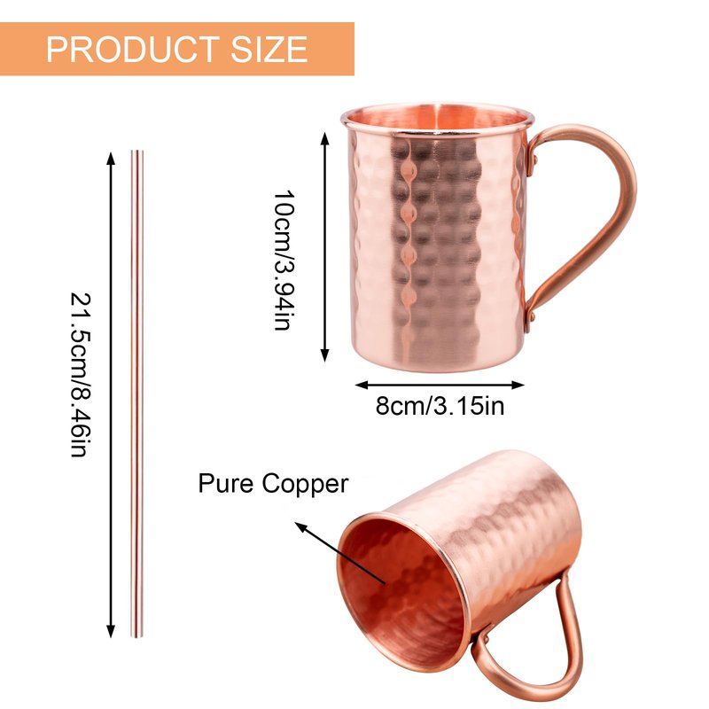 TJ Moscow Mule Mugs Set of 4, 100% Pure Copper Cups 14 oz, Handcrafted Copper Mugs w/Straws, Tarnish Resistant, Gift for Cold Drinks Cocktail Beer Wine Party Bar
