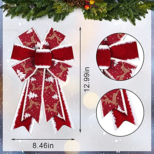 Threetols 2pcs Christmas Wreath Bows – Red Velvet Rustic Farmhouse Deer Glitter Front Door Tree Decoration (Variation: Tree)