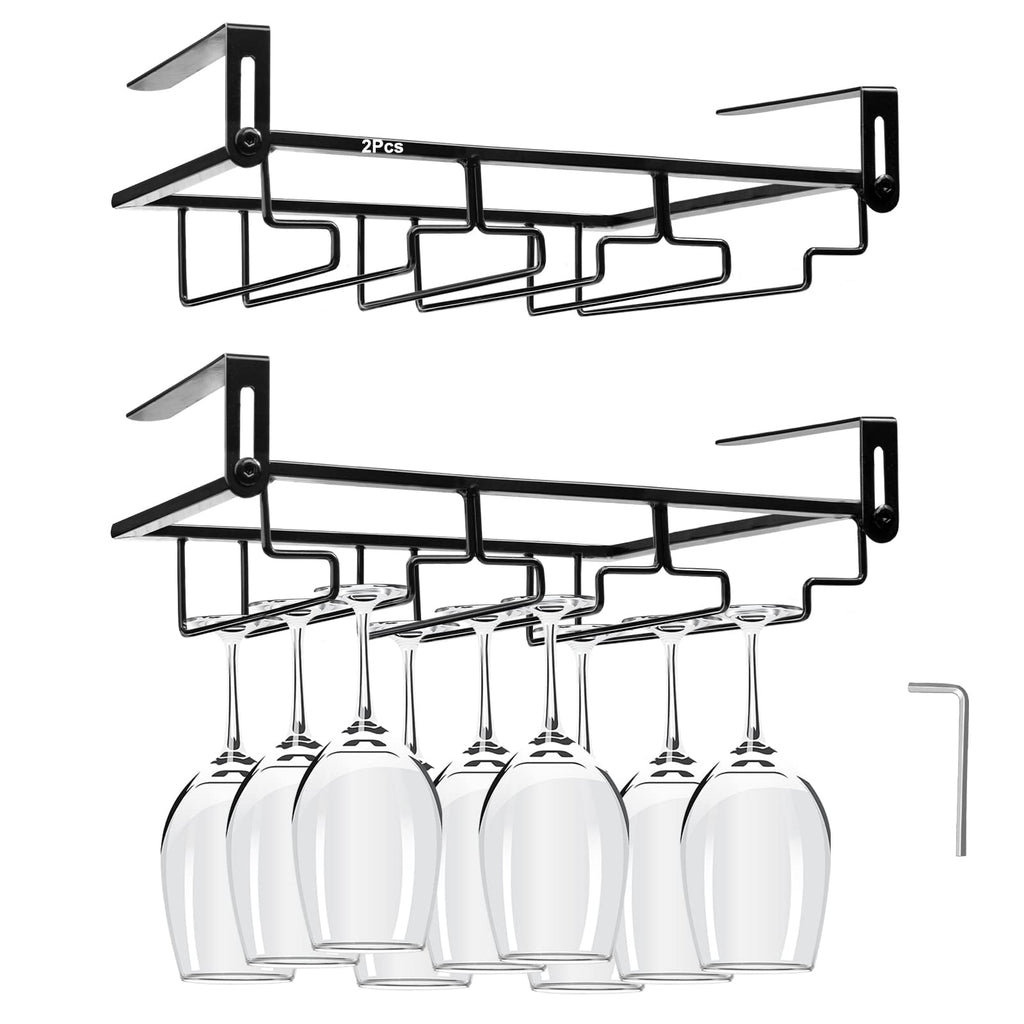AUHOKY 2Pcs Adjustable Wine Glass Rack Under Cabinet, Punch-Free 3 Rows Stemware Metal Holder, Hanging Glass Storage Hanger Organizer for Shelf Kitchen Bar Decor (3 Rows, Black)