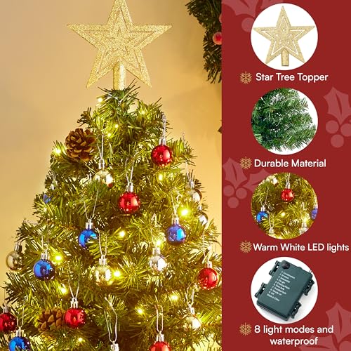 Joiedomi 24 Inch Pre-Lit Mini Christmas Tree with Gift Box, Ornaments & LED Lights – Indoor Holiday Decor