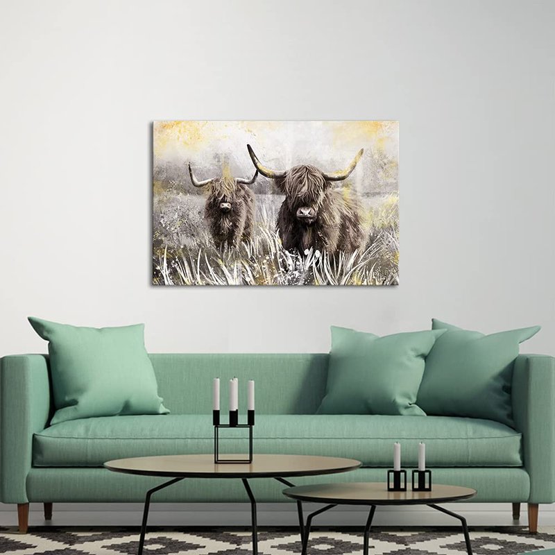 Derkymo Highland Cow Picture Wall Decor Canvas Art Farm Animal Artwork Farmhouse Decorations Framed Easy to Hang 24"x36"