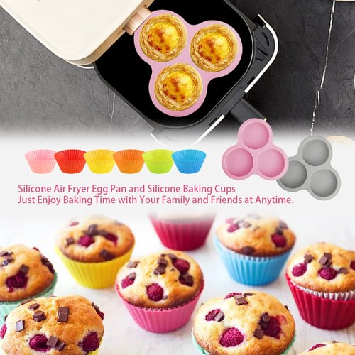 Abnaok 2PCS Silicone Air Fryer Egg Pan with 6PCS Reusable Silicone Baking Cups, Non-Stick Air Fryer Baking Pan, 3 Cavity Muffin Pans Muffin Cups for Baking