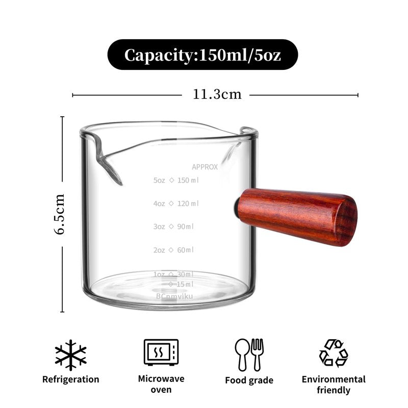 BCnmviku Double Spouts 150ML /5OZ Measuring Triple Pitcher Milk Cup with Wood Handle Espresso Shot Glasses Parts Clear Glass (1)